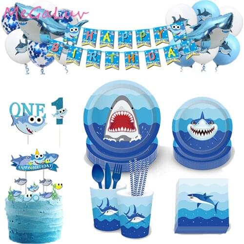 Marine Life Blue Fish Whale 1st Baby Shower Cups Plates Ocean Theme Happy Birthday Balloon Cupcake Topper Paper Banner Decor