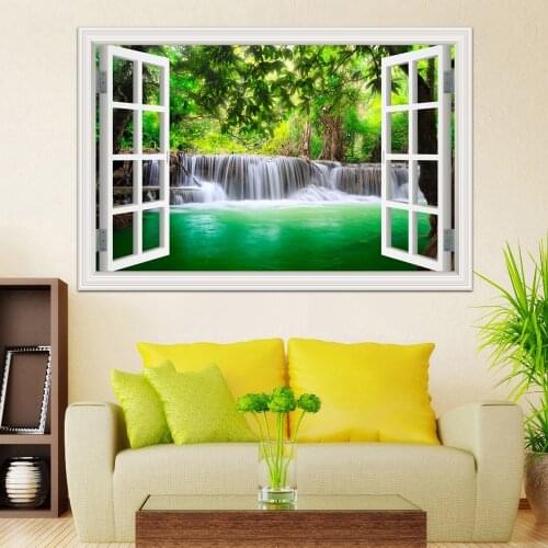 Wall Art Waterfall 3D Window View Wall Sticker Landscape Living room Kitchen Wall art Wall Vinyl poster and prints wall sticker