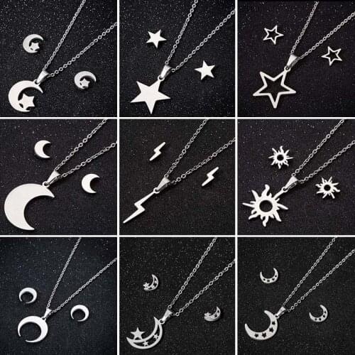 Stainless Steel Sunshine Moon Star Lightning Pendant Necklace Vintage Geometric Stud Earrings Jewelry Sets for Women Men