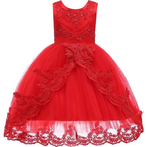New 2020 Girls Party Dress Kids Lace Embroidery Wedding Father and Daughter Ball Dress with Trailing Formal Children Clothes