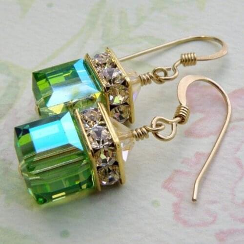2019 New Arrival Fashion Europe and America Gold Colors Natural Green/Blue Crystal Cube Peridot Fall Earrings Jewelry For Women