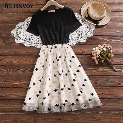 Japanese College Style Dress Summer Knitting Patchwork Mesh Stars Printed Femininos Vestidos Short Sleeve Midi Girls Dresses