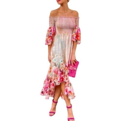 Women Sexy Long Dress Slash Neck Strapless Print Floral Floral Color Flared Sleeve Dress Bohemian Style Vestidos Feminino Summer