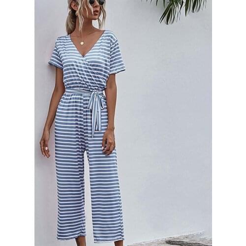 Stripe Bandage High Waist Elegant Mid Calf Length Rompers Women Casual V Neck Ladies Streetwear Wide Leg Straight Jumpsuits