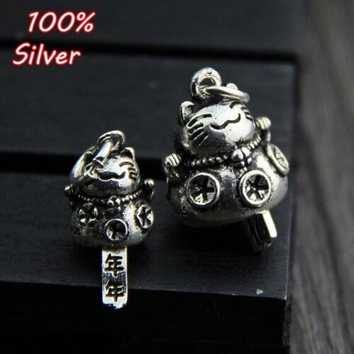 Retro Charm Lucky Cat 925 Sterling Silver Color Pendant Jewelry Bracelet Making DIY Handmade Beading Accessories Nostalgic Craft