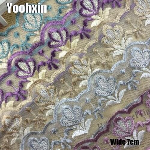 7CM Wide Luxury mesh Embroidered flower lace fabric trim ribbon DIY sewing applique collar dress guipure wedding decor