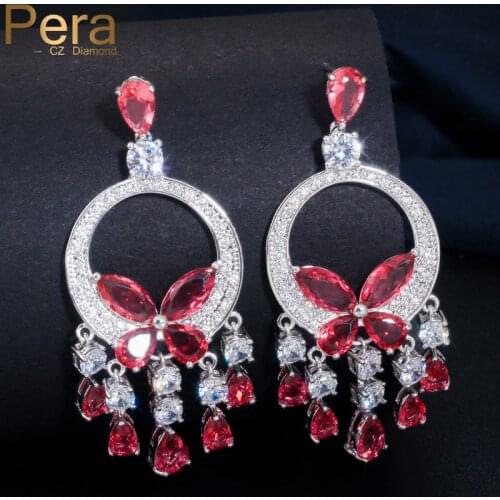 Pera Luxurious Women Wedding Party Jewelry Big Statement Crystal Long Tassel Dangling Drop Earrings With AAA+ Red Stone E252