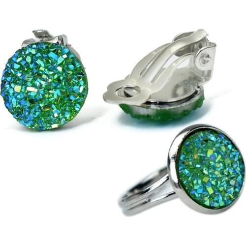 Silver Color Jewelry Set Non Pierced White Green Blue Resin Clip On Earrings For Women Adjustable Ring Simple Round Earing
