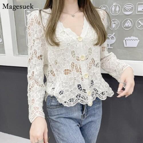 Chic Crochet Floral Knitted Woman Shirts Long Sleeve Hollow Solid V-Neck Embroidery Blouses Tops Women Clothing Spring New 14125