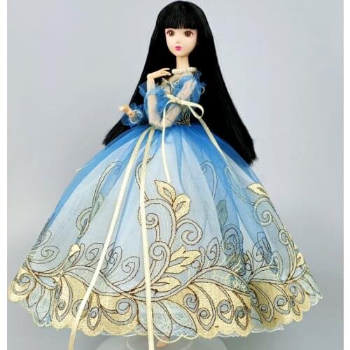 Blue Golden Princess Handmade Dress For Barbie Doll Clothes 1/6 Dolls Accessories Puff Sleeve Bowknot Party Gown For Child Toys