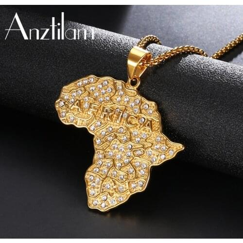 HIP HOP Gold Color Chain Africa Map Pendant Iced Out Necklace For Women Men’s Long Chain Necklace Jewelry Gifts