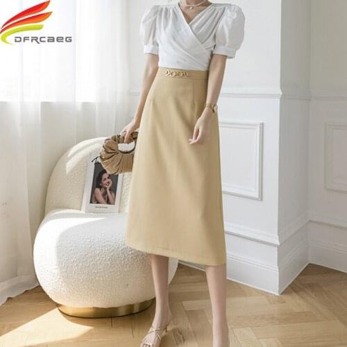 New 2021 Spring High Waist Long Skirt Women Metal Belt Back Slit Korean Style Casual Maxi A Line Skirt Beige Black Yellow Skirts
