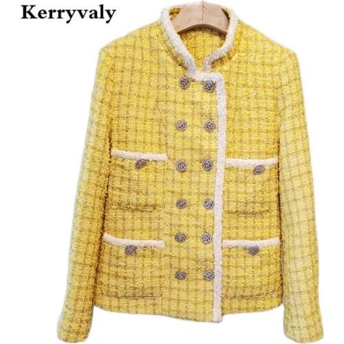 Luxury Small Fragrance Tweed Cropped Jacket Women Autumn Stand Collar Double-breasted Yellow Long-Sleeve Ladies Coat K10015