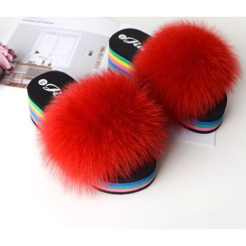 2019 Fur Slippers Women Real Fox Fur Slides Home Furry High Heel Sandals Female Cute Fluffy House Shoes Woman Brand Luxury