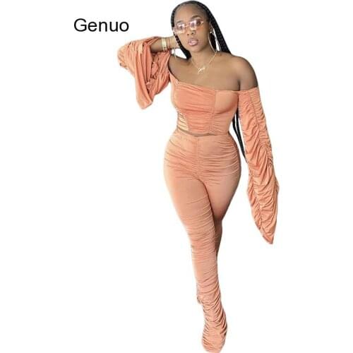 Stacked Legging Outfit for Women Sets Slash Neck Off Shoulder Long Sleeve Tube Top and Ruched Pants Classy Two Piece Suits