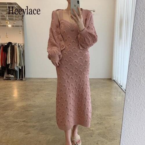 New 2021 Autumn Winter 2 Pieces Womens Dresses Sets Knitted Tracksuit Cardigan Sweater+Tank Knitting Dresses Lady Suits