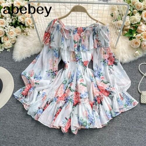 Women Off Shoulder Strap Dress Slash Neck Puff Sleeve Wide Leg Jumpsuits Summer Bohemian Print Vacation Short Playsuit