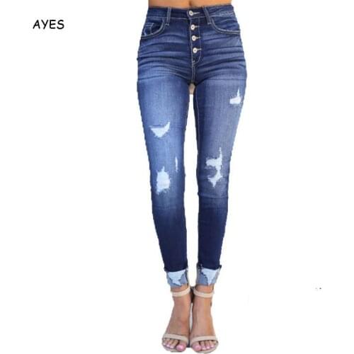 2019 Fashion Dark Blue Women Jeans High Waist Buttons Slim Jeans Denim Women Casual Stretch Hole Ripped Trousers Jeans Femme
