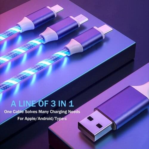 3in1 Micro USB Type C Cable LED Glow Flowing Mobile Phone Charger Cable Type-C USBC 8 Pin Charging Wire Cord For iPhone12 xiaomi