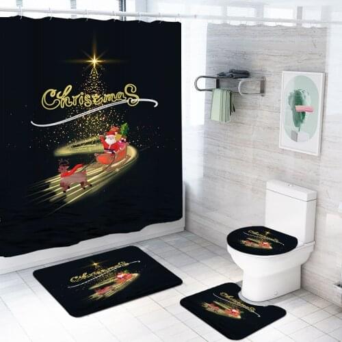 4 Pieces Merry Christmas Shower Curtain Sets Black Background Pad Set 3D Print Gold Color Bathroom Curtain Home Textile Bath Mat