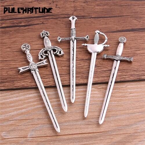 5pcs Zinc Alloy Mixed Antique Silver color Color Knight Sword Charms for Jewelry Making DIY Handmade Weapons Pendant Charm