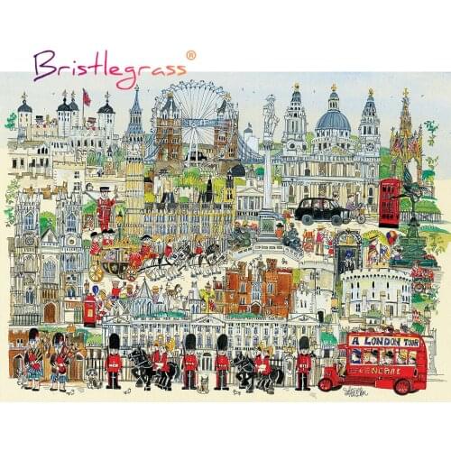BRISTLEGRASS Wooden Jigsaw Puzzles 500 1000 Piece London Town Cartoon Hand Drawing Educational Toy Gift Wall Painting Home Decor