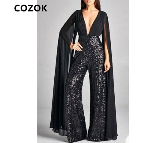 2021 Black Jumpsuit Pants Evening Dresses Prom Gowns Sequins Deep V-Neck Formal Event Suit Boho vestido de Evening Party Dress