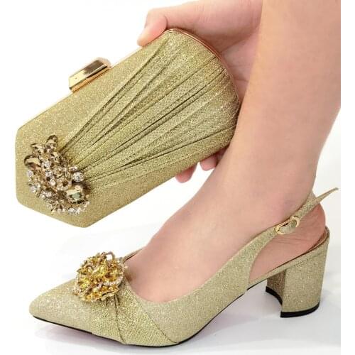 Doershow New Arrival African Wedding Shoes and Bag Set gold Italian Shoes with Matching Bags Nigerian Women party! SNY1-9