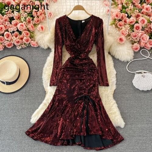 Gaganight Elegant Women Solid Maxi Party Dress Long Sleeves V Neck Slim Bling Bling Mermaid Dresses 2021 Spring Autumn Vestidos