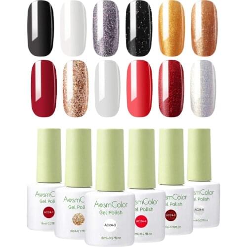 Nail Polish, AwsmColor Gel Nail Polish Set Soak Off Champagne Gold Glitters Snow White Nude Grey Brown Nail Polish Kit 6 Colors