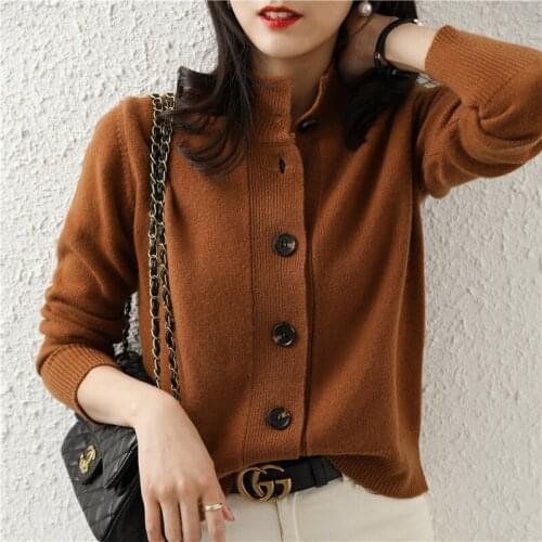 Cardigan ladies stand-up collar solid color wool knit open autumn casual sweater single-breasted loose jacket basic button top