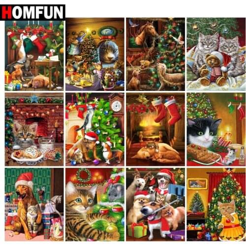 HOMFUN Paint With Diamond Embroidery "Christmas Dog cat scenery" Diamond Painting Full Square Round Picture Of Rhinestone Decor