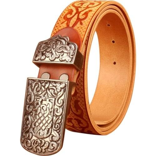 2019 Genuine Cowskin Leather Belts For Men Carved Design Retro Metal Smooth buckle Strap Cintos Ceinture High Quality Belts