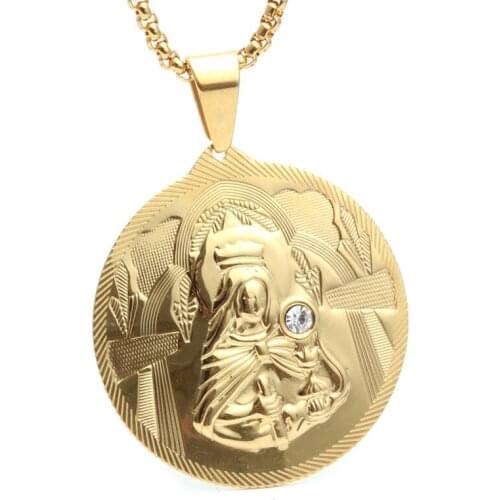 Virgin Mary Mens Necklace Round Pendant Gold Stainless Steel Mother of Jesus Catholicism Christian Religious Jewelry
