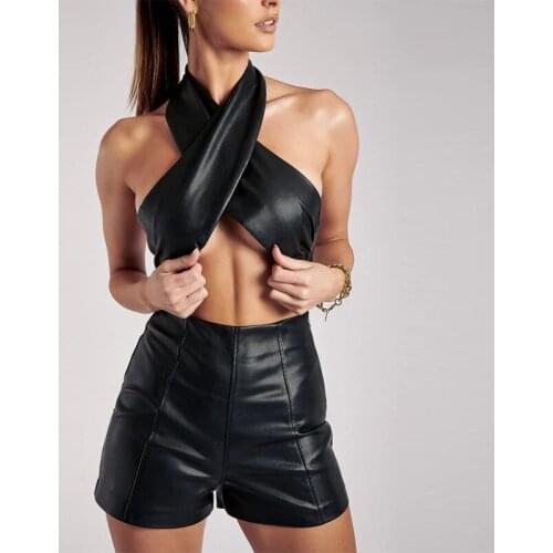 2021 Autumn Winter New Women PU Two Piece Set Sexy Bandage Halter Top + High Waist Bodycon Shorts Female Club Party Suits