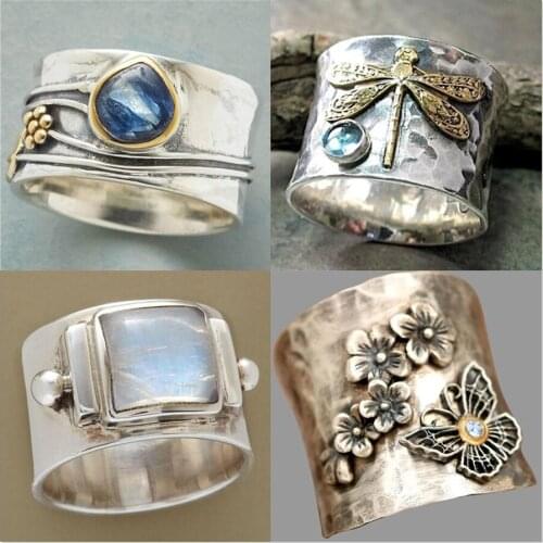 New Retro Dragonfly Ring Moonstone Magpie Bee Animal Flower Mens And Womens Luxurious Wedding Banquet Lovely Thai Jewelry