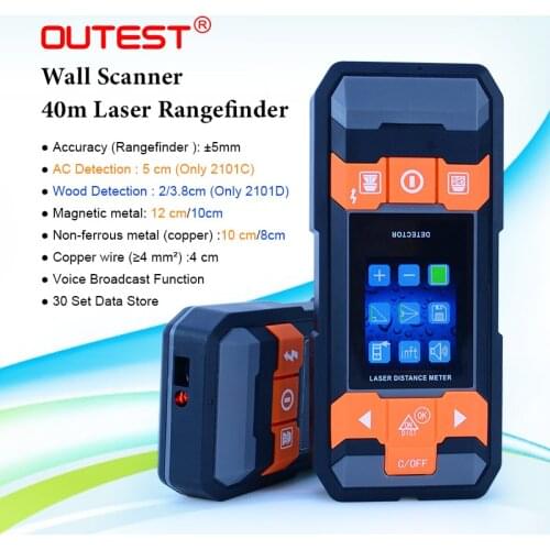 OUTEST Wall scanner sensor Stud finder detector for AC+Metal(steel bar,copper pipe)+Cable+wood finder+40M rangefinder 2101C/D
