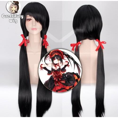 DATE A LIVE Tokisaki Kurumi Straight Long Black Cosplay Wig Ponytail Style Nightmare Halloween Costume Synthetic Wigs For Women