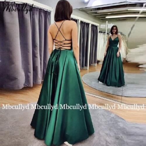 Backless Evening Dress 2021 V-Neck A Line Satin Spaghetti Strap Prom Gown Party Graduation Dresses abendkleider