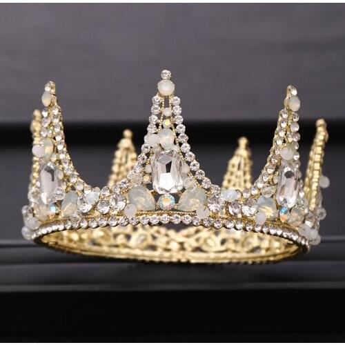 Vintage Round Baroque Crystal Gold Queen Crown for Wedding Tiara and Crown Hair Accessories Bridal Headpiece Women Hair Jewelry
