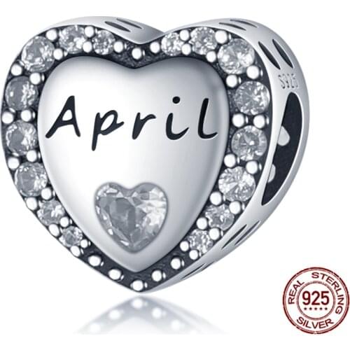 100% Real 925Sterling Silver Light Gray April Heart Shape Beads Fit Original 3mm Bracelet&Bangle Women Fashion Jewelry Gift