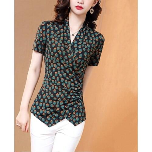 Women Spring Summer Style Lace Blouses Shirts lady Casual Short Sleeve V-Neck High elastic Dot Printed Lace Blusas Tops DD8898