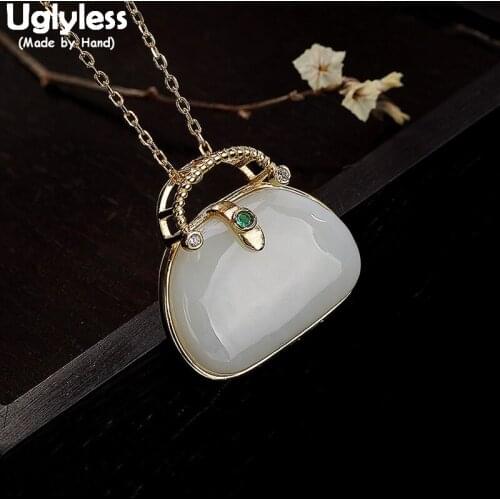 Uglyless Real 925 Sterling Silver Handmade Tote Bag Pendants for Women Natural Jade Fine Jewelry Gold Plated Necklaces NO Chains