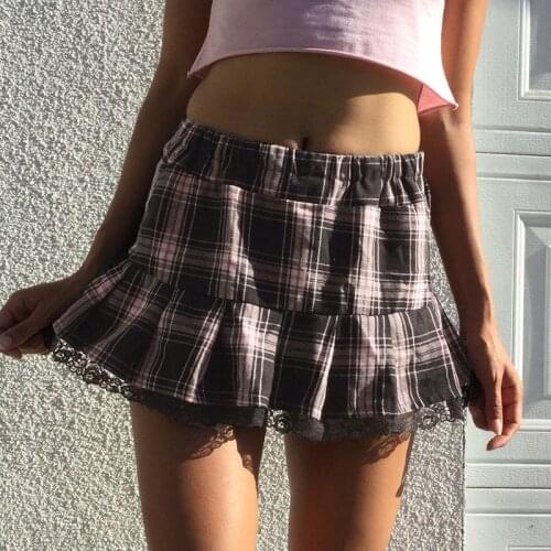2021 Womens Sexy Clubwear Costume Dance Skirts Elastic Waistband Short Skirt with Lace Hem Pleated Gingham A-line Mini Skirt