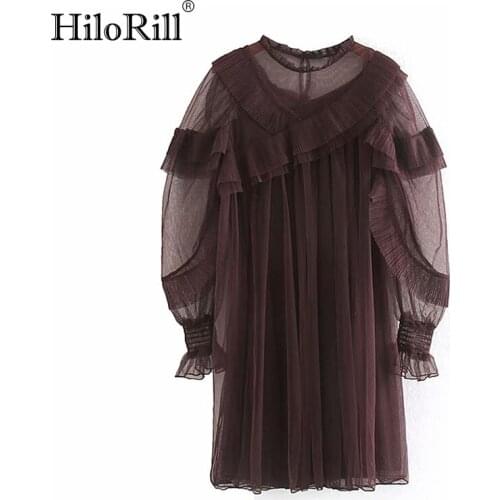 HiloRill Women Sexy Transparent Mini Dresses Lace Mesh Pleated Party Dress Long Sleeve See Through Ruffled Short Dress 2021