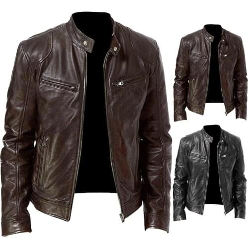 2020 Men Jacket Autumn Winter Stand Collar Zipper Leather Motorcycle Jacket Short Coat Windproof Warm Jacket