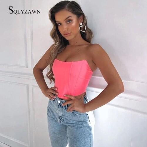Satin Strapless Corset Sexy Women Fluorescent Pink Crop Top Slim Off Shoulder Female Slash Neck Short Tops Night Party Clubwear