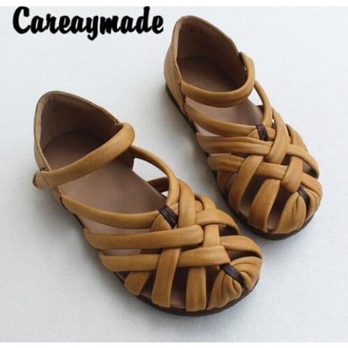Careaymade-Summer,Genuine Leather retro hand sandals,single toe layer cow leather woven flat soft cowhide sole womens shoes