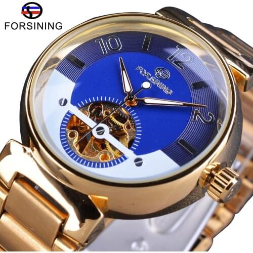 Forsining Ocean Luxury Dial Design Small Skeleton Display Golden Stainless Steel Mens Automatic Watches Top Brand Luxury Clock
