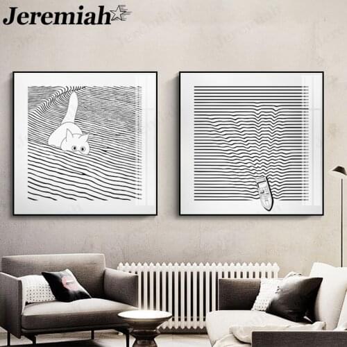 Geometric Line Canvas Painting Black Panther Cat Sailing Poster Wall Art Nordic Home Baby Room Decoration Frameless Painting